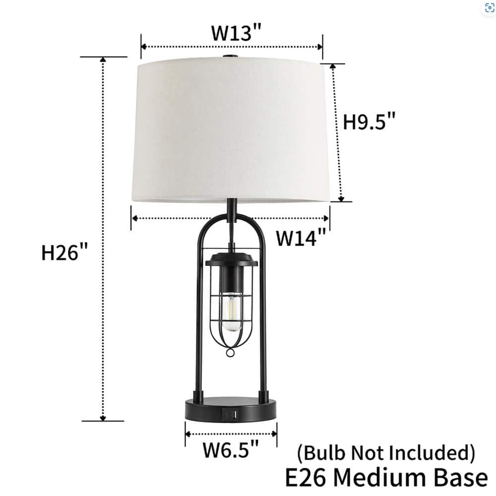 26" Bronze Industrial Table Lamps with USB Ports and Fabric Shades, Set of 2