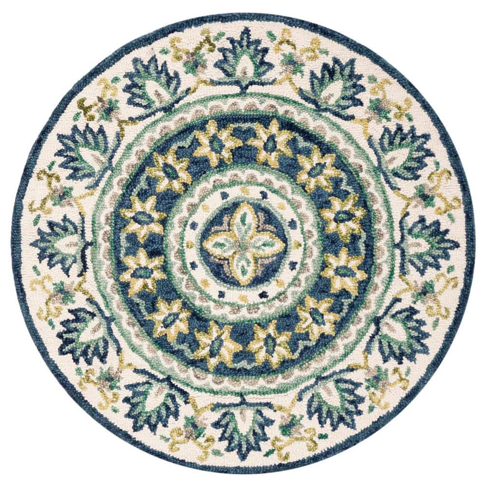 Ivory and Blue Floral Round Wool Area Rug