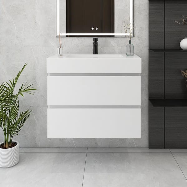 Unbranded 30 in. W x 18 in. D x 25 in. H Single Sink Wall Mounted Bath Vanity with White Cultured Marble Top in White