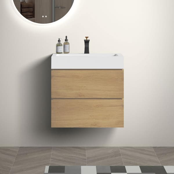 Staykiwi 24 in. W x 18 in. D x 25 in. H Single Sink Wall-Mounted Bath Vanity in Oak with White Solid Surface Top