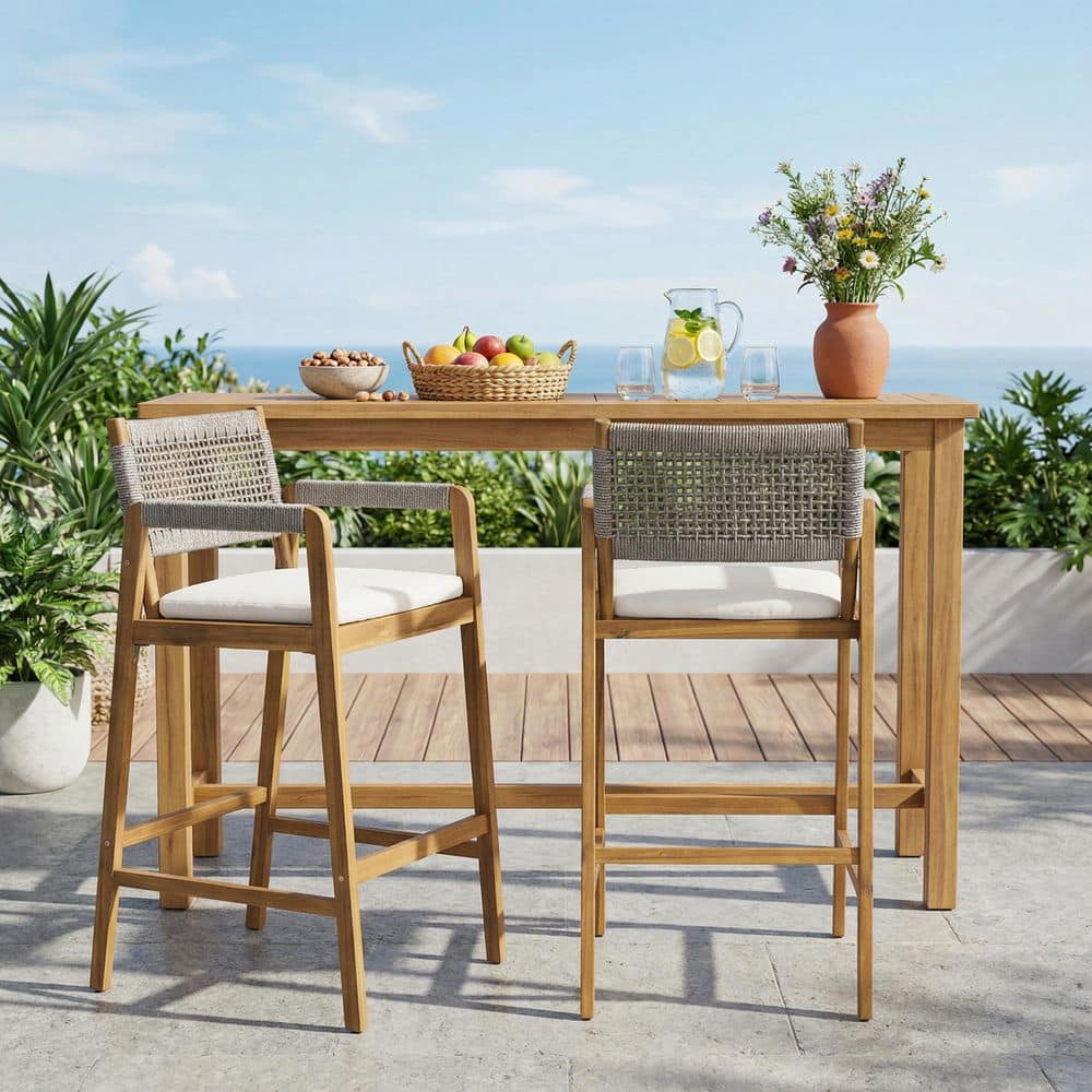 Bibiana Solid Wood Outdoor Bar Stools with Beige Cushion and Gray Rope Back(2-Pack) price history on PriceWatchPro