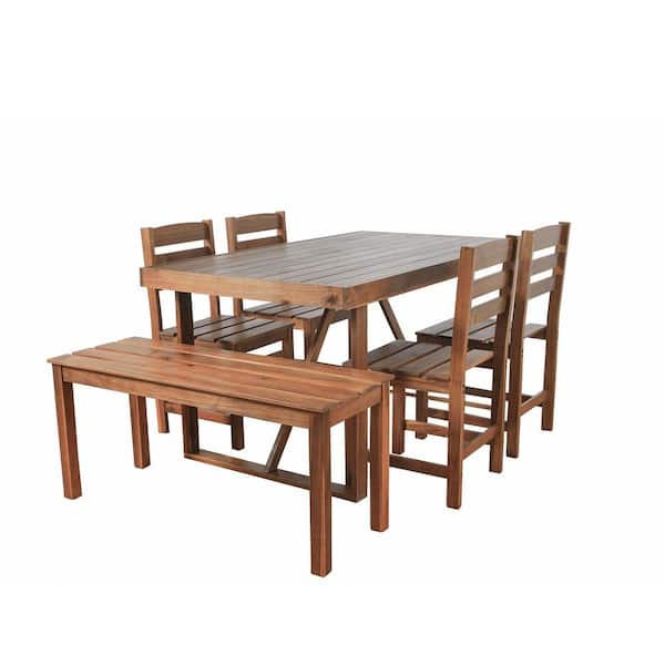6-Piece Wood Rectanglar Outdoor Dining Set with Brown Cushions