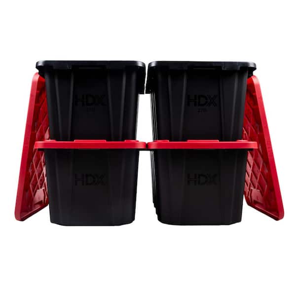 HDX 27 Gal. Tough Storage Tote in Black with Red Lid (4-Pack