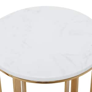 16 in. Gold Large Round Marble End Accent Table with Marble Top (2- Pieces)