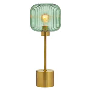 Aislin 21 in. Brushed Gold Metal Table Lamp with Globe Shade in Textured Green Glass