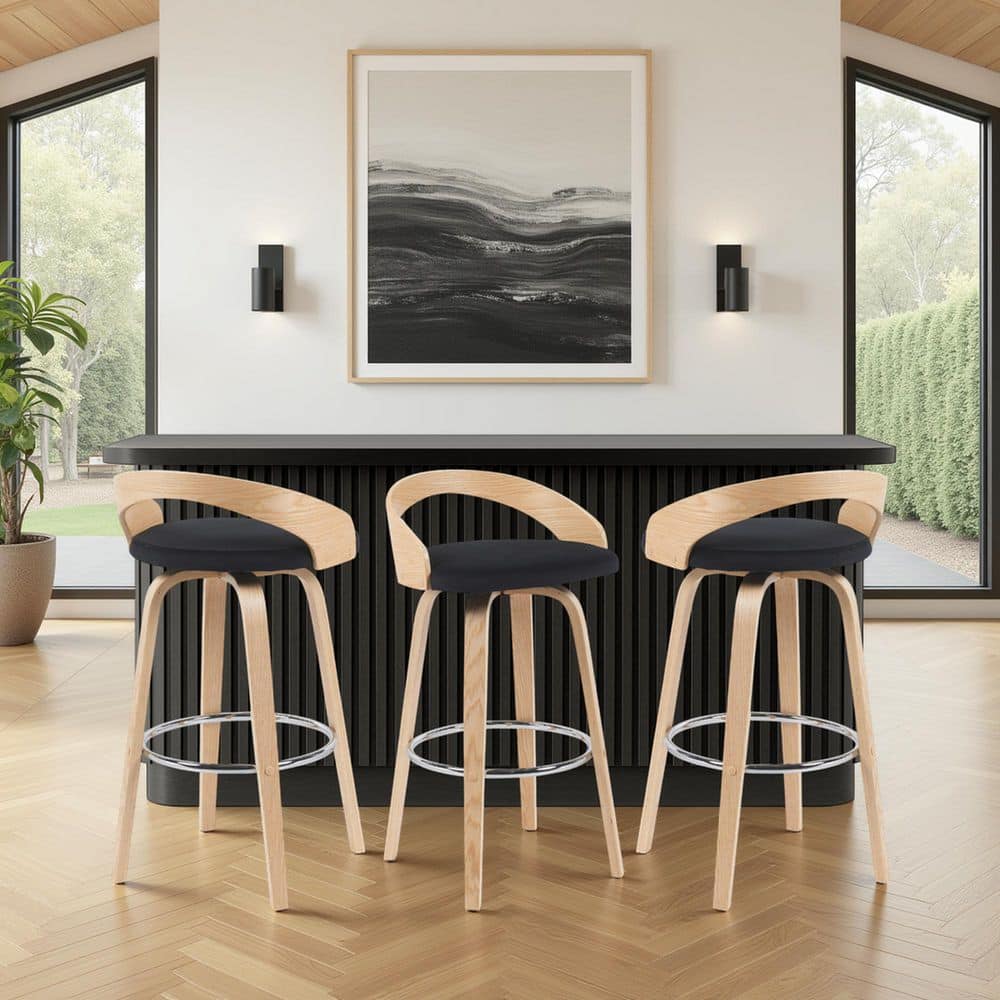 Sonia 35 in. H Black / Oak Open Back Wood Bar Stool with Polyester Fabric Seat Set of 3 price history on PriceWatchPro