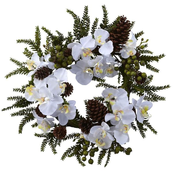 Nearly Natural 22 in. Artificial Phalaenopsis and Pine Wreath