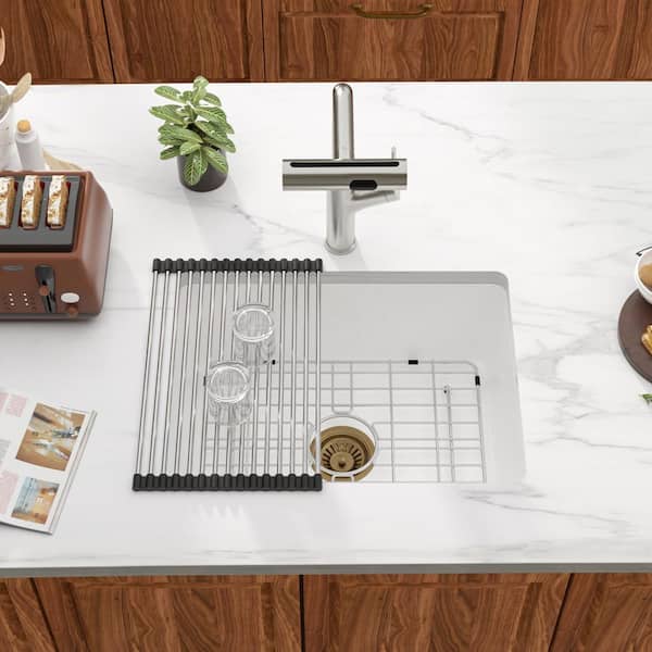 22 in. x 17 in. Quartz Composite White Single Bowl Granite Undermount Kitchen/Bar Sink with Gold Accessories