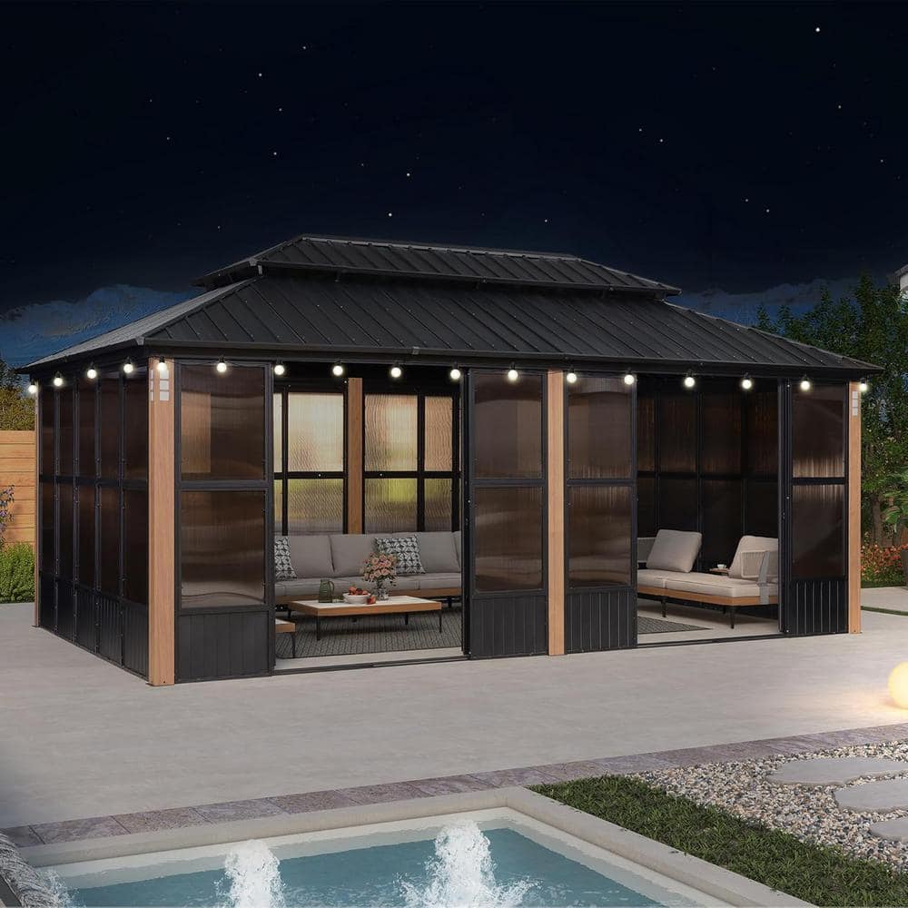 Hardtop Gazebo 12 ft. x 20 ft. Brown Aluminum Sunroom Gazebo with Double Top, Mesh Screens & 24 Lights price history on PriceWatchPro