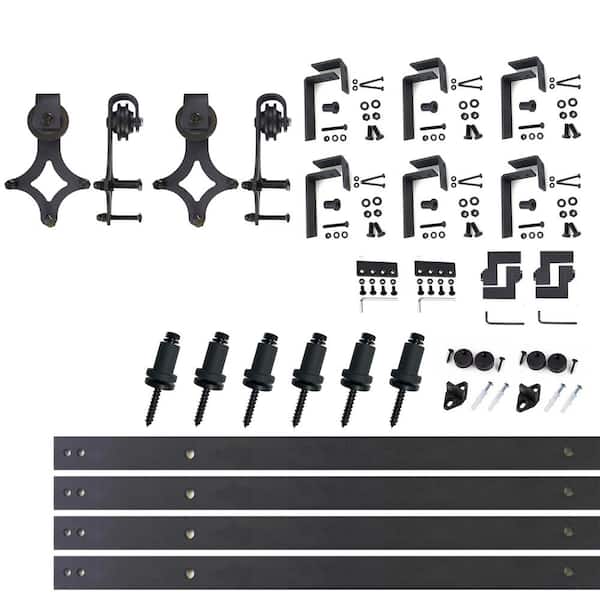 HOMACER 9 ft./108 in. Black Rustic Double Track Bypass U-Shape Sliding Barn Door Hardware Kit - Diamond Design Roller