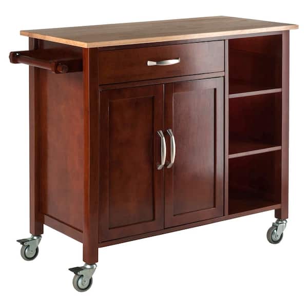 WINSOME WOOD Mabel Walnut Kitchen Cart with Natural Wood Top