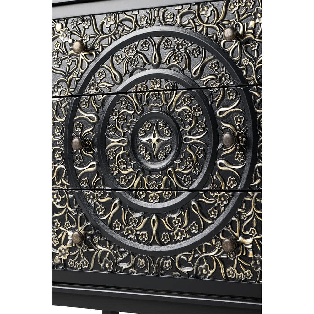 Black and Gold 3-Drawer Flower Motif Nightstand