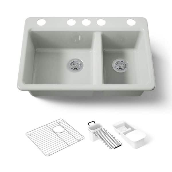 Riverby 33 in. Undermount 60/40 Double Bowl Sea Salt Cast Iron Kitchen Sink with Basin Rack, Colander, and Cutting Board