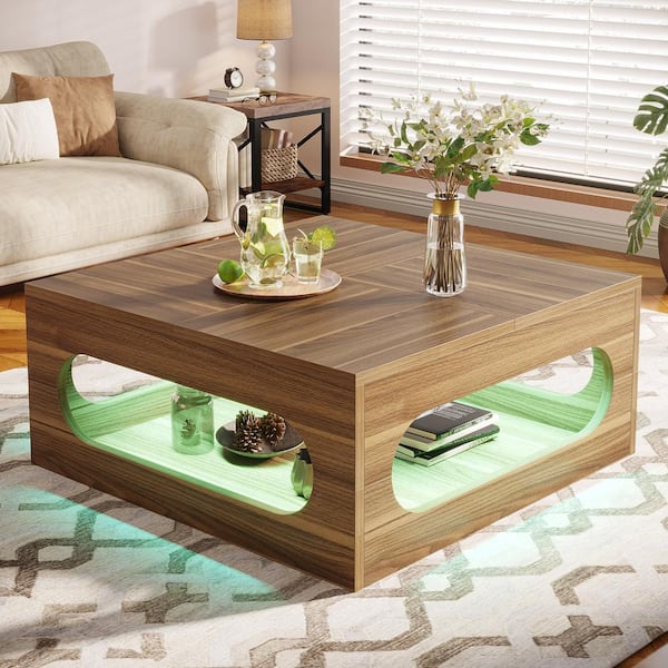 TRIBESIGNS WAY TO ORIGIN Calvin 43.31 in. Brown Square Wood Coffee Table LED Light Storage Center Cocktail Table Living Room Home Office