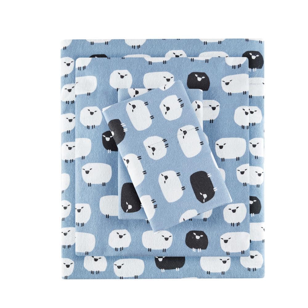 Blue Sheep Queen Cotton Flannel Sheet Set