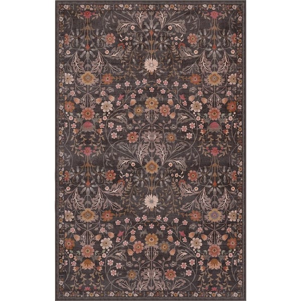 Primrose Art Nouveau Floral Border Machine-Washable Taupe/Multi 8 ft. x 10 ft. Area Rug