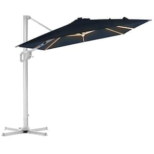 10 ft. Aluminum Square Patio Offset Umbrella Cantilever Umbrella, Center light And Strip Lights in Navy Blue