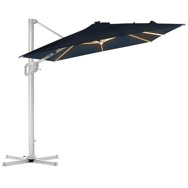 PASAMIC 10 ft. Aluminum Square Patio Offset Umbrella Cantilever Umbrella, Center light And Strip Lights in Navy Blue