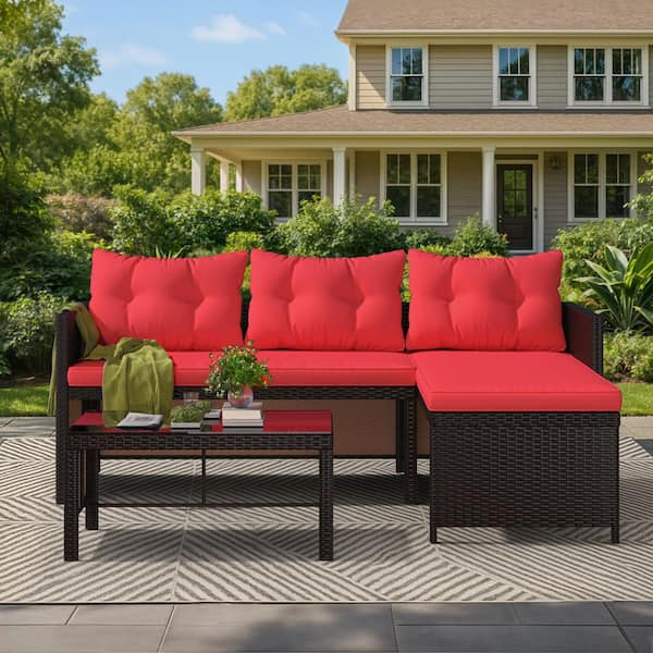 HOMMOW 3-Piece Wicker Outdoor Patio Conversation Set, PE Rattan Sofa Set with Glass Table and Red Cushions, Perfect for Garden