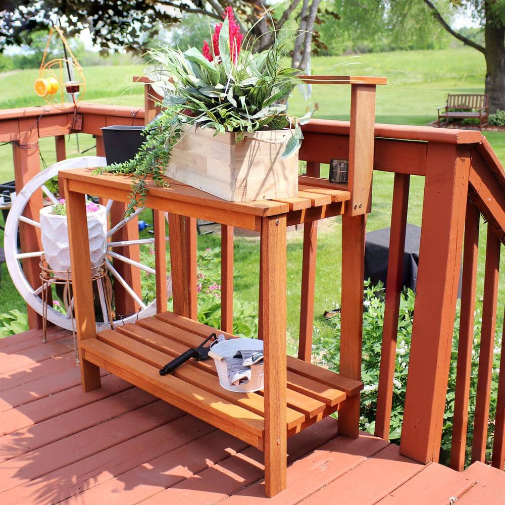 Meranti Wood Gardening Potting Bench with Teak Oil Finish and Storage Shelf