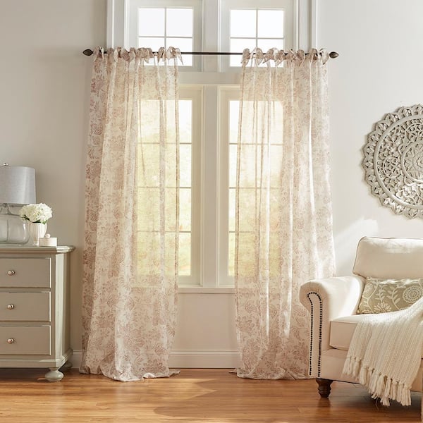 Westport Flax Floral Poly-Linen 52(in)X84(in) Tie Top Sheer Curtain Panel