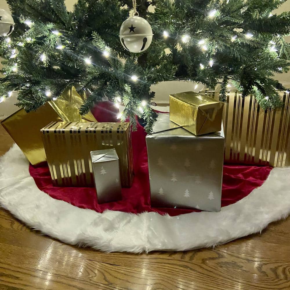 Burgundy Velvet Tree Skirt with White Faux Fur Border, 54 Inch