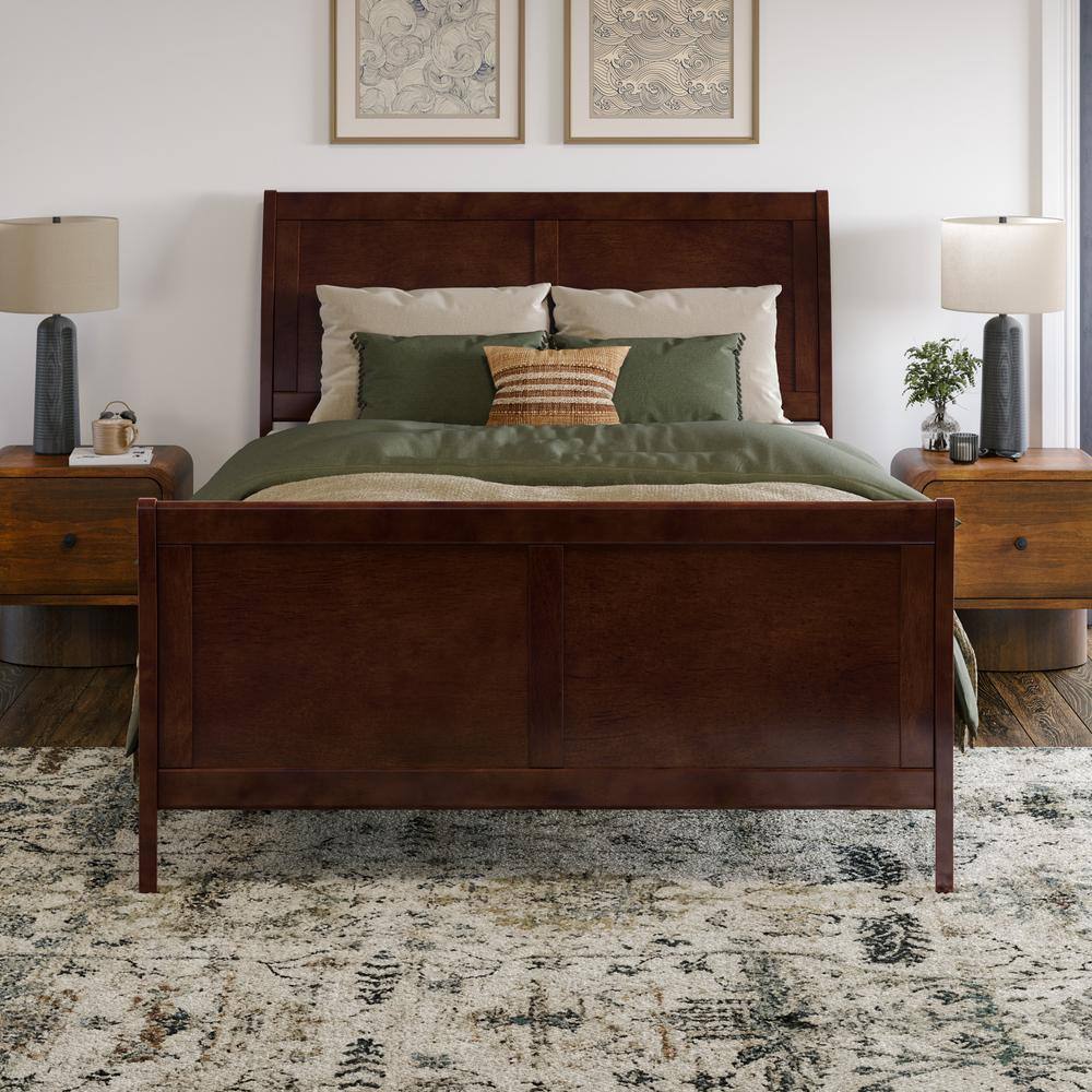Valencia Full Walnut Wood Sleigh Platform Bed with Headboard
