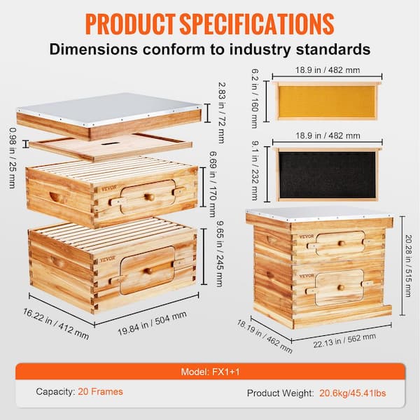 VEVOR Bee Hive 20 Frame Bee Hives Starter Kit, Beeswax
