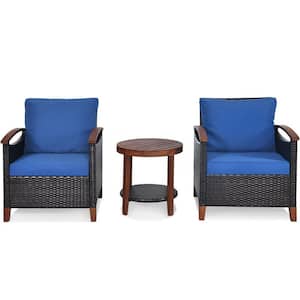3-Piece Wicker Patio Conversation Set with Blue Cushions and 2-Tier Round Acacia Wood Table