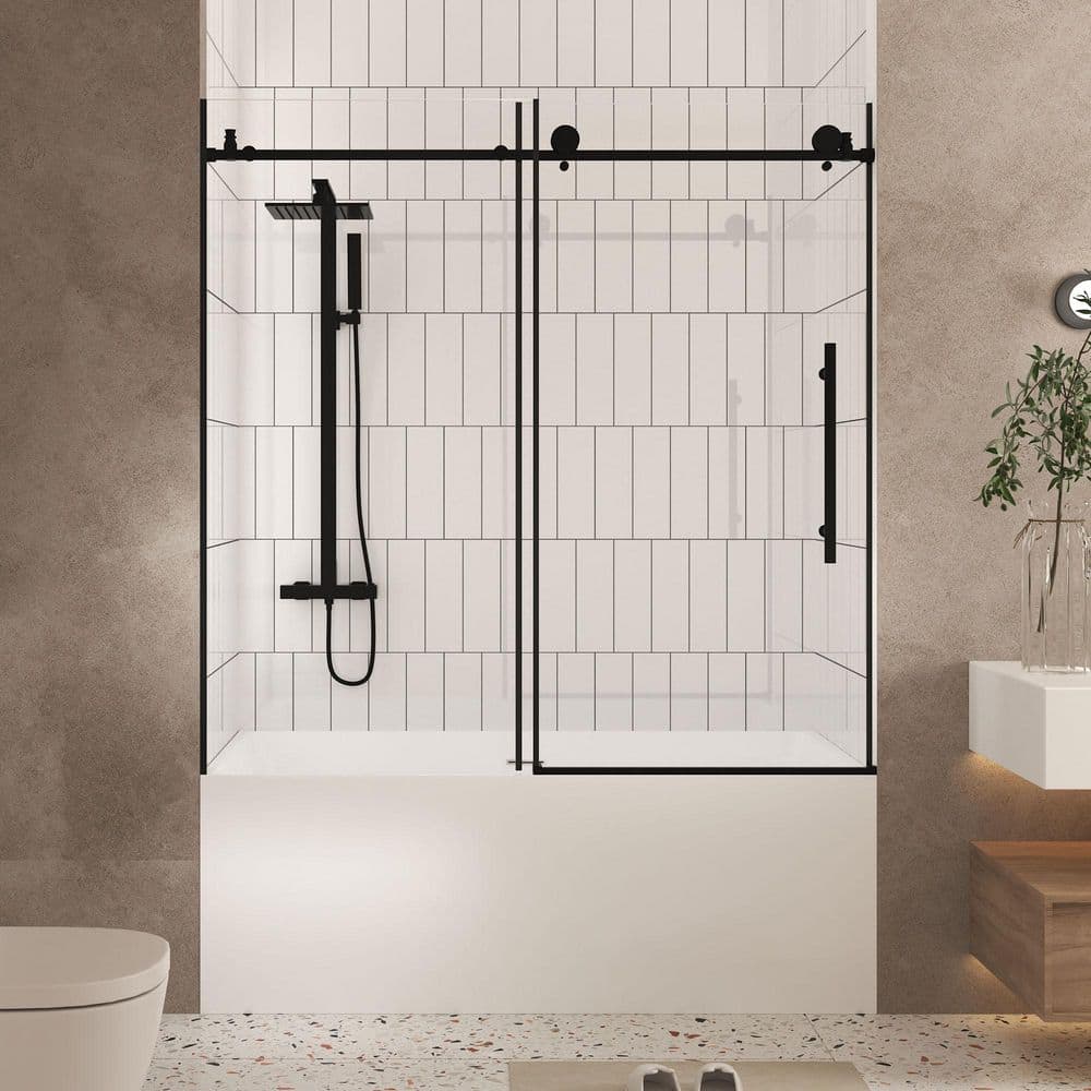 56-60 in. W x 60 in. H Sliding Frameless Tub Door in Matte Black Finish with Clear Tempered Glass price history on PriceWatchPro
