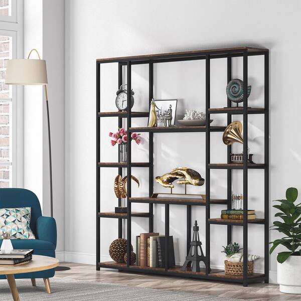 Tribesigns Brown Metal 12-Shelf Ladder Bookcase (39.37-in W x 70.86-in H x 11.81-in D) | HOGA-K0055