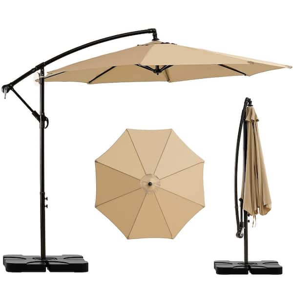 9.1 ft. x 10 ft. Beige Cantilever Umbrella with Base Included, Offset Outdoor Patio Umbrella with Weighted Base