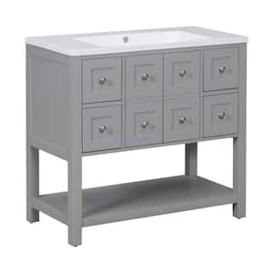 36 in. W x 18 in. D x 34 in. H Single Sink Bath Vanity in Gray with White Resin Top, 4-Drawers and Open Shelf