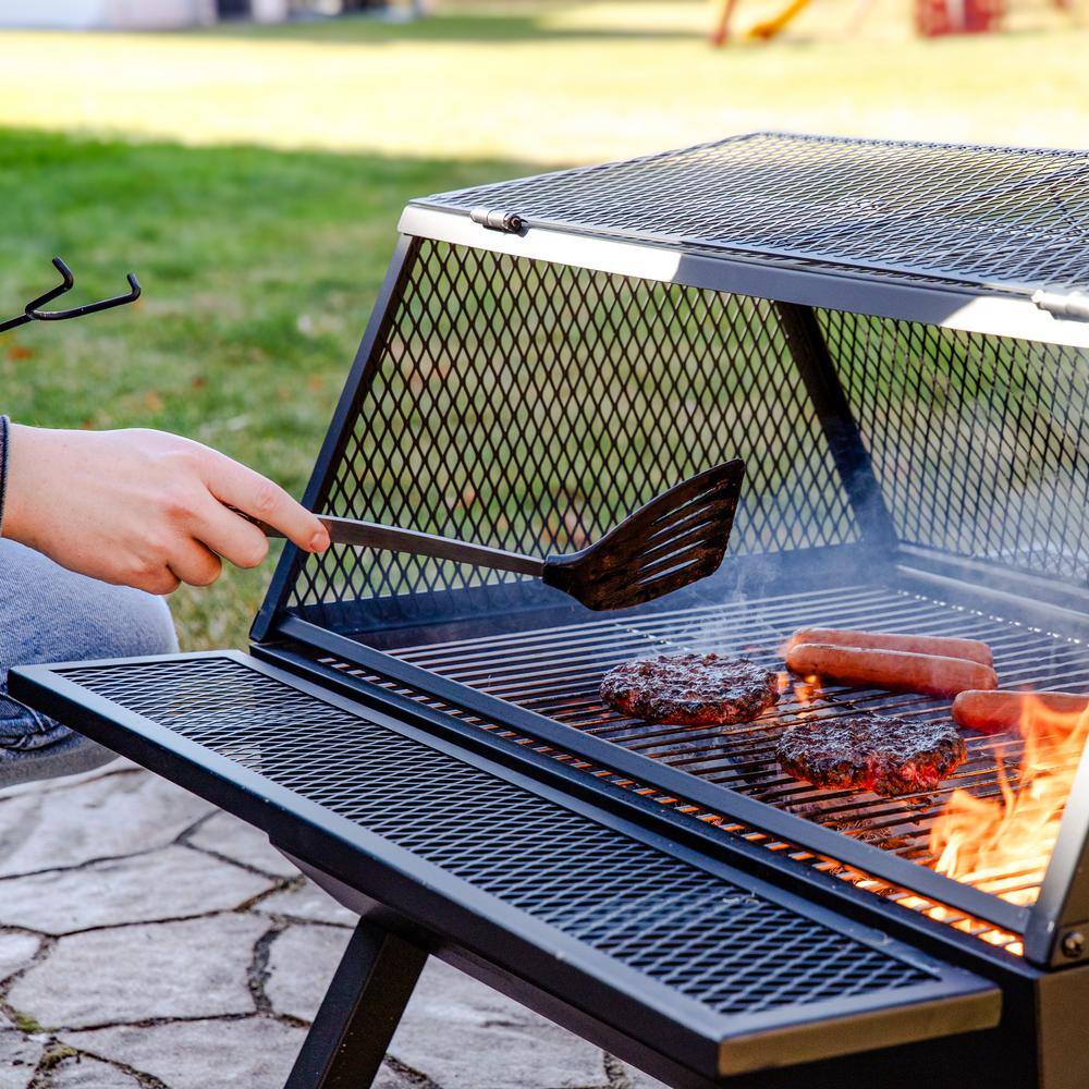 Black Steel Outdoor Fire Pit with Grill and Spark Screen