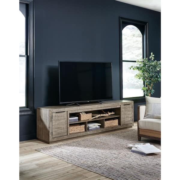 Krystanza Weathered Gray TV Stand Entertainment Center Fits TV's up to 106 in. with Adjustable Shelves