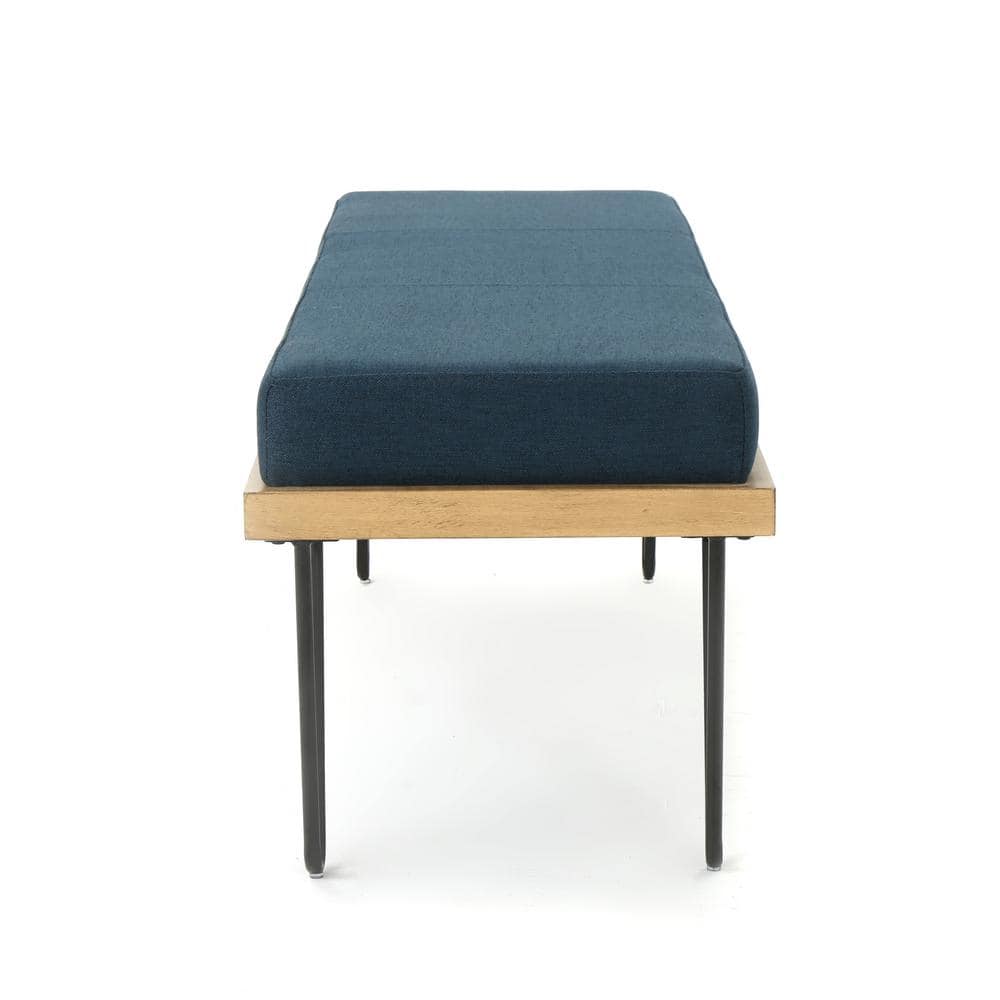 Elaina Navy Blue Upholstered Bench with Faux Pine Veneer and Iron Legs