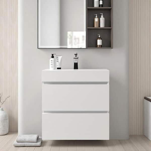 24 in. Wall Mount Modern Single Sink White Bath Vanity with One-Piece White Solid Surface Top Sink Pre-assembled