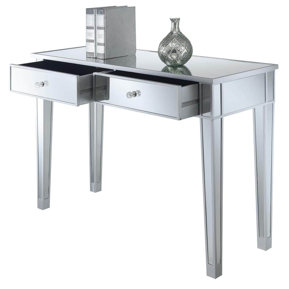 Silver Mirrored Wood Desk Console with Storage