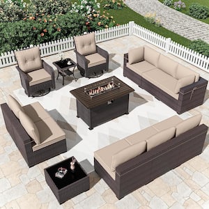 13-Piece Wicker Patio Conversation Set with 55000 BTU Gas Fire Pit Table Glass Coffee Table and Swivel Rocking Chairs