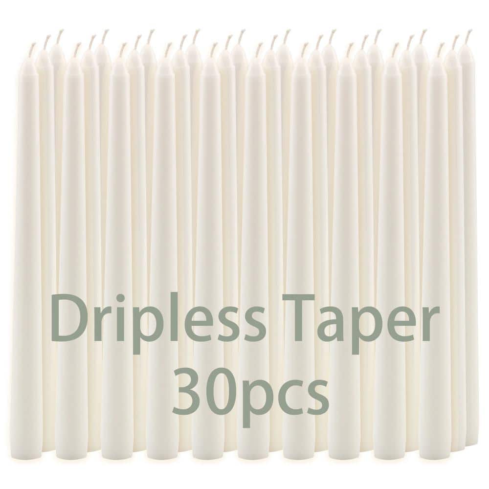 Elegant White Paraffin Wax 10" Dripless Taper Candles, 30-Pack