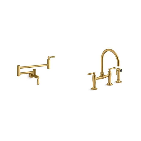 Edalyn By Studio McGee Pot Filler and Double-Handle Bridge Kitchen Faucet in Vibrant Brushed Moderne Brass Combo