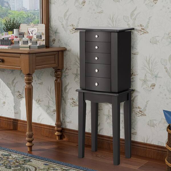 Costway Contemporary Walnut Jewelry Armoire with 9 Drawers and Partitioned Storage, Freestanding Floor Cabinet with Mirror