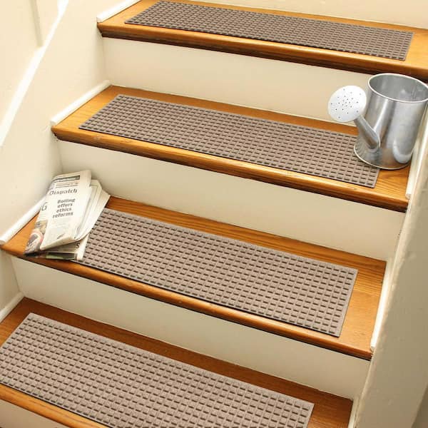 Bungalow Flooring Aqua Shield Squares Camel 8 5 In X 30 Pet Polyester Indoor Outdoor Stair Tread Covers Set Of 4 20266501 Bungalow Flooring Aqua Shield Squares, Outdoor Non Slip Stair Treads Home Depot