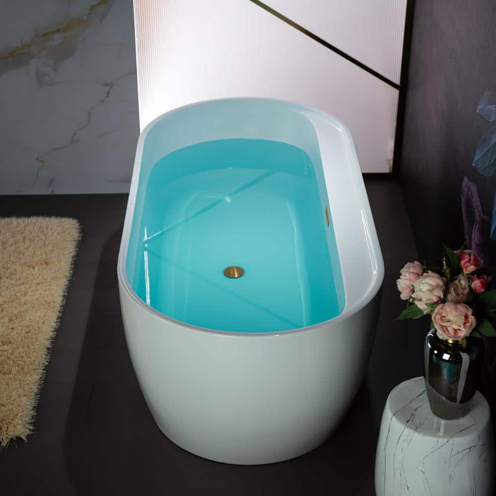 67" White Acrylic Freestanding Soaking Bathtub with Brushed Gold Trim