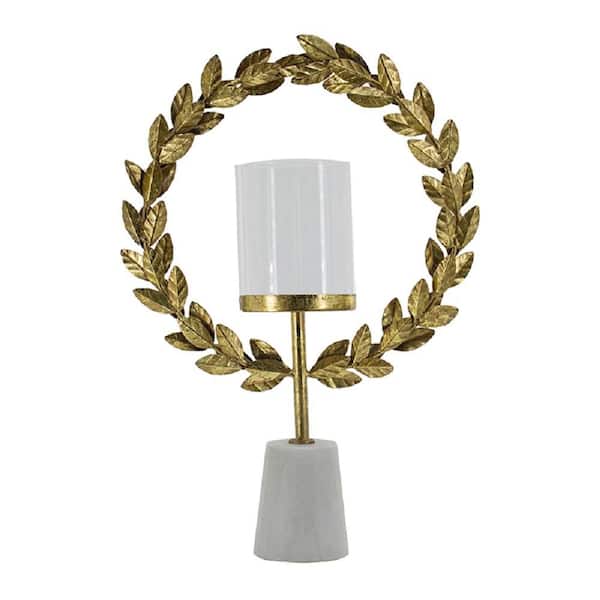 Vintage Gold Plus White Iron 3.5 in. x 19.7 in. Tabletop Decor Floral Hurrican With Marble Base
