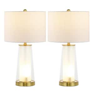 Tryon 26 in. Modern Minimalist Glass/Iron LED Table Lamp Set with Linen Shade and Nightlight Brass Gold/Clear (Set of 2)