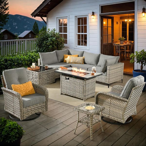 OVIOS Vinceny Gray 9-Piece Wicker Patio Rectangle Fire Pit Conversation Set with Dark Gray Cushions and Swivel Chairs