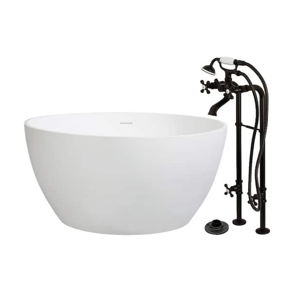 Arcticstone 45.6in. x 45.6in. Surface White Stone Flatbottom Soaking Freestanding Bathtub in White/Oil Rubbed Bronze