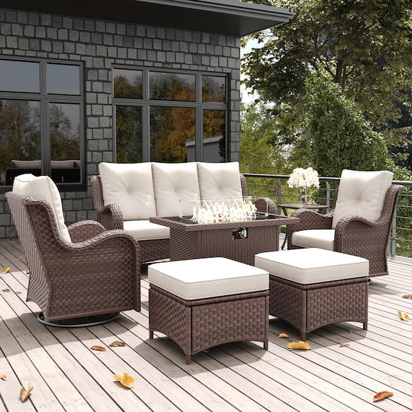 7-Piece Wicker Outdoor Fire Pit Conversation Seating Set Sectional Sofa with Swivel Rocking Chair and Beige Cushions