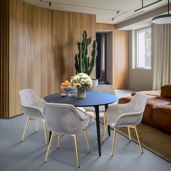 Markley Modern Leather Dining Arm Chair with Gold Metal Legs (Set of 4) in Light Grey